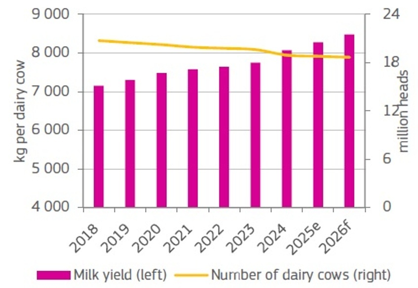 Graph shows EU dairy herd size and milk yields during 2018 -2026f.